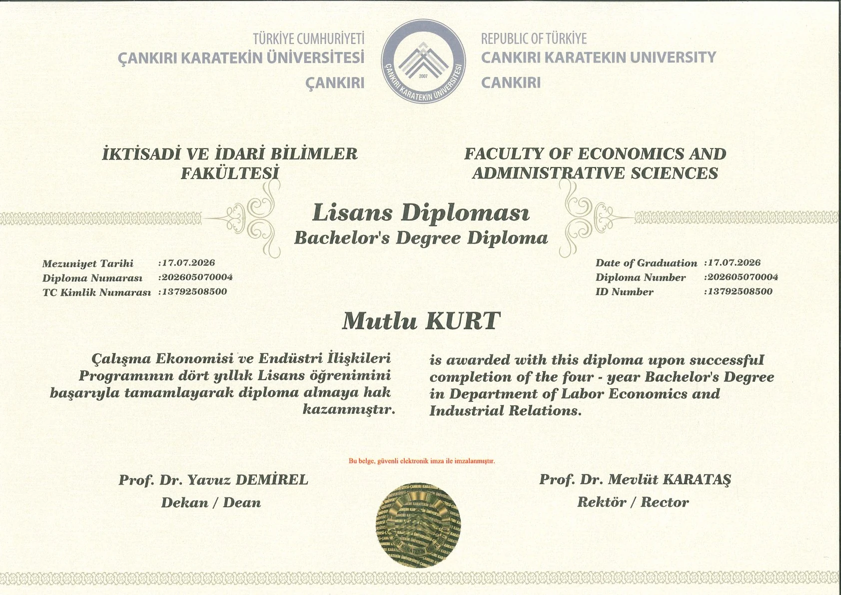 Çankırı Karatekin Üniversitesi Lisans Diploması Ön Yüz
