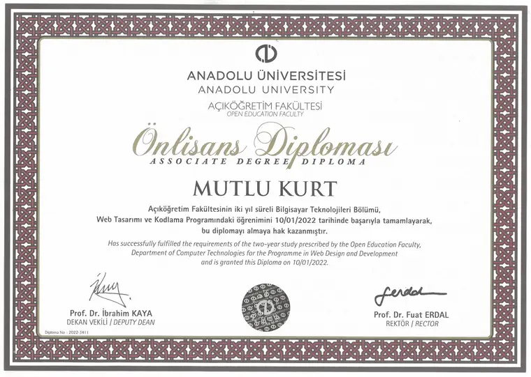 Önlisans Diploması — Web Tasarımı ve Kodlama