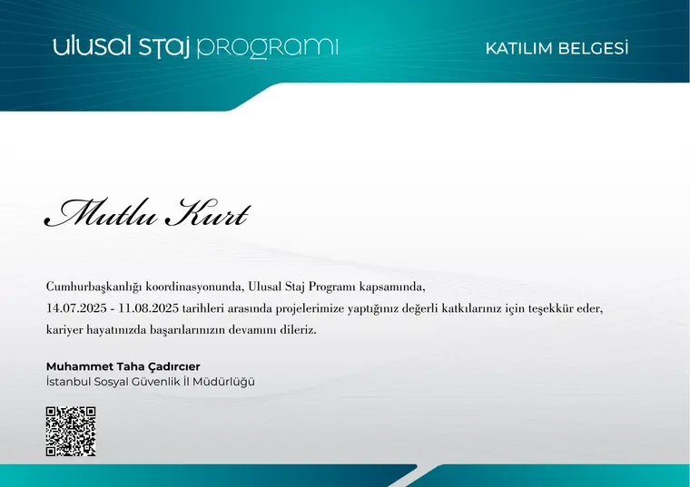 Ulusal Staj Programı Katılım Belgesi