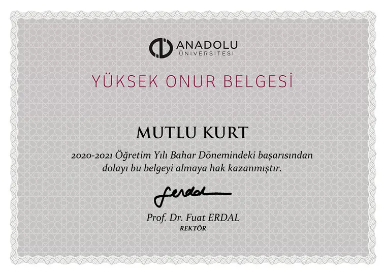Yüksek Onur Belgesi (2020-2021 Bahar)