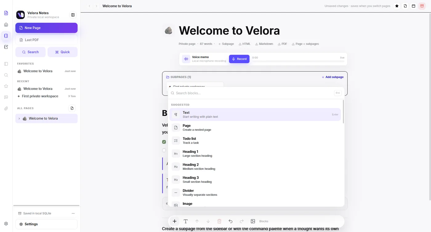 Velora — Yerel-öncelikli not alma uygulaması